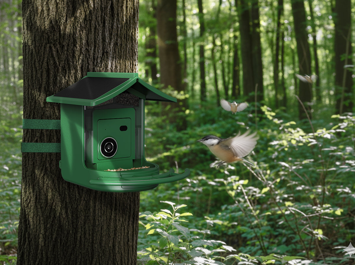 Bird approaching a forest edge feeder
