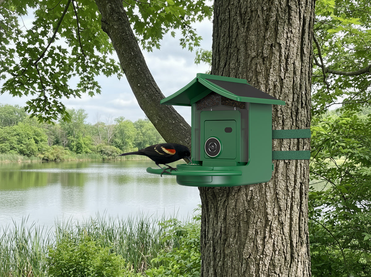 Bird feeding at a riverside feeder