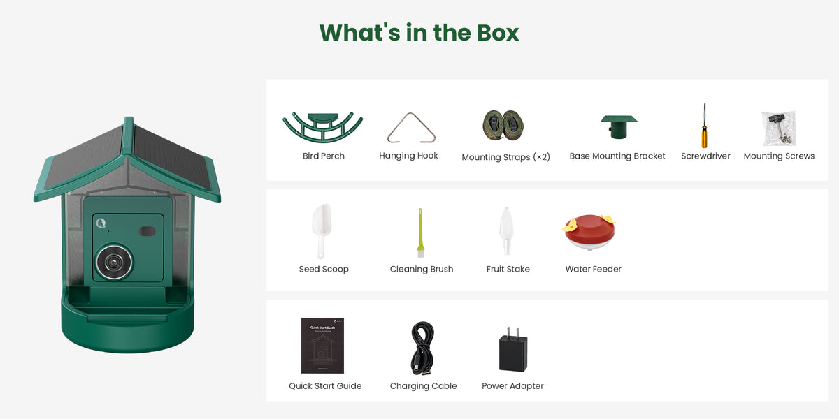 BirdVue FEED 1 Smart Bird Feeder package contents mobile