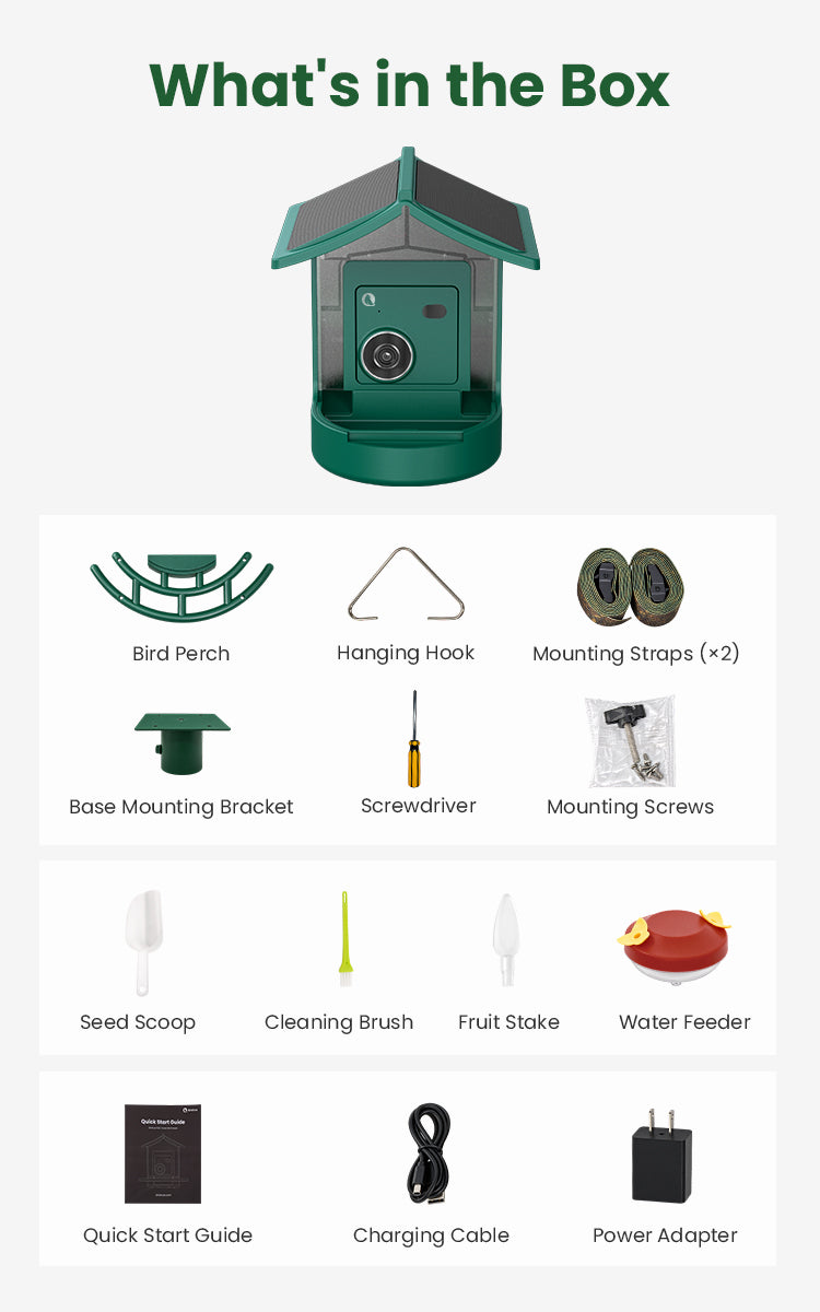 BirdVue FEED 1 Smart Bird Feeder package contents