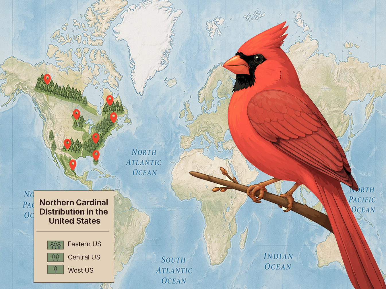 Map showing northern cardinal distribution across the United States