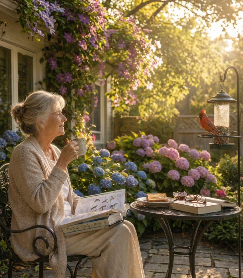 Senior woman enjoying coffee while watching birds in her backyard