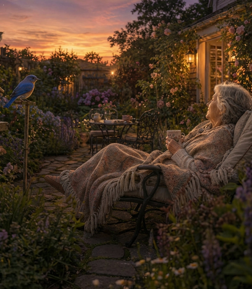 Senior woman relaxing in her backyard and watching the sunset