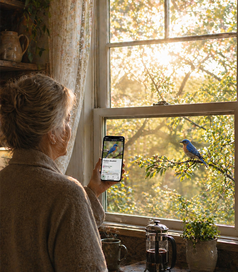 Senior woman watching birds outside her window